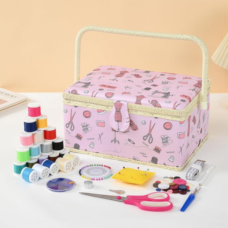FOPUGT Sewing Basket - Large Sewing Box for Sewing Supplies, Sewing Organizer Box Sewing Kit Storage Christmas Gift for Sewing Enthusiast (Pastel Pink - Large) - Image 3